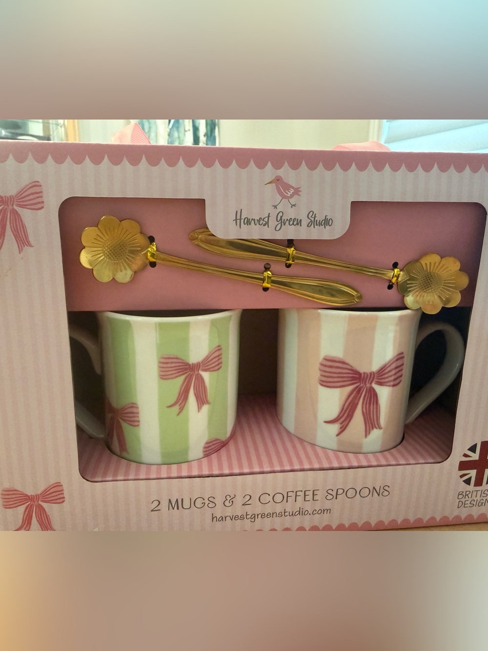 Harvest Green Studio Pink & Green Bow Stripe Mug Set with Gold Spoons